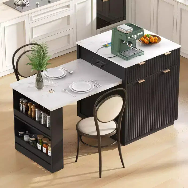 Îlot de cuisine cannelé avec table extensible, prise électrique et rangement double face