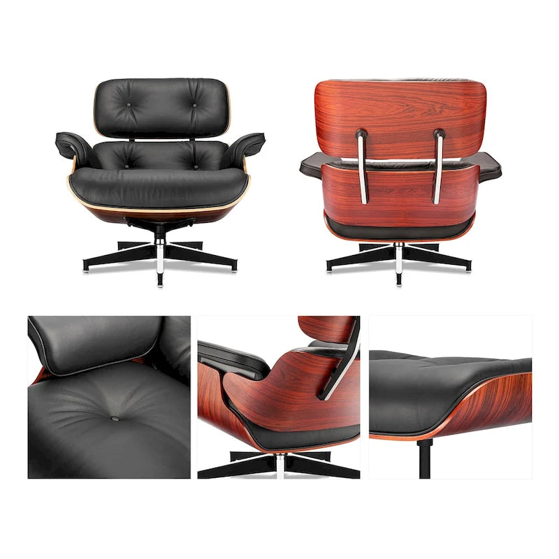 Chaise longue et pouf d'appoint en cuir pleine fleur de style Mid-century