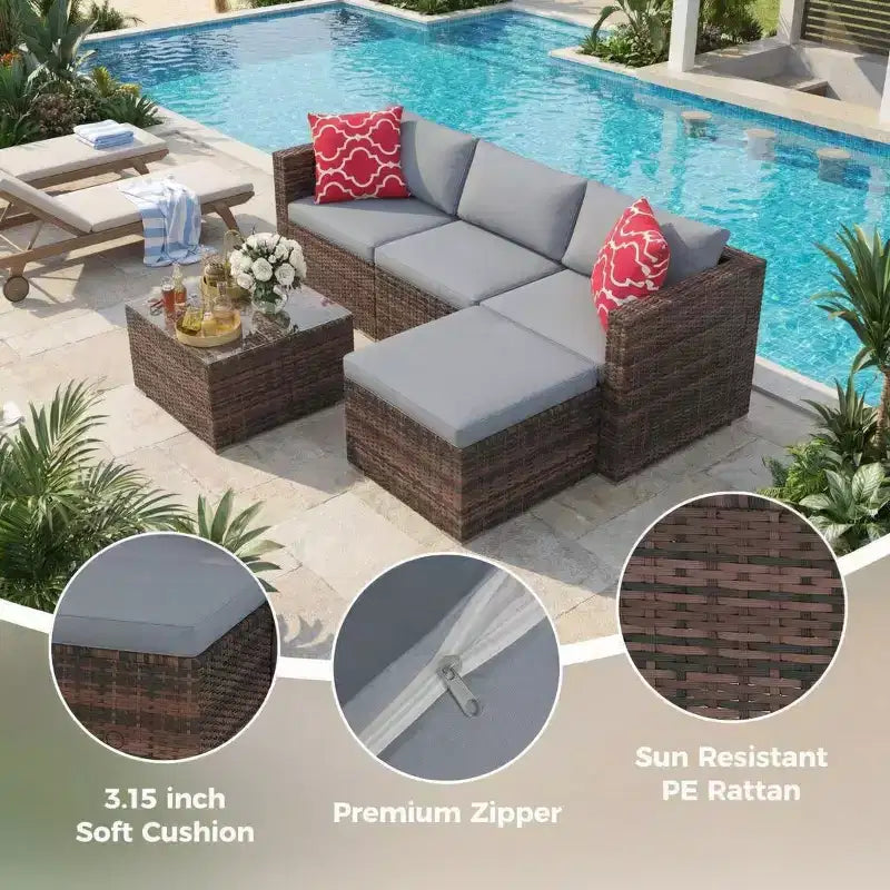 Set Mobili da Giardino 5 Pezzi, Divano Sezionale in Vimini per Tutte le Stagioni con Cuscini Antiscivolo, Set Divano in Rattan per Esterni con Pouf