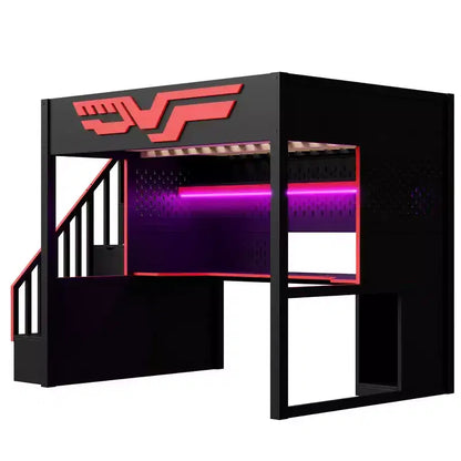 Lit superposé pleine grandeur Whisen avec bureau et escalier de rangement – Rouge et noir