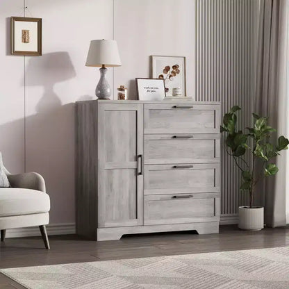 Armadio Guardaroba, 109,98 cm H, in Legno, con 4 Cassetti e Asta Appendiabiti, Rovere Naturale Grigio