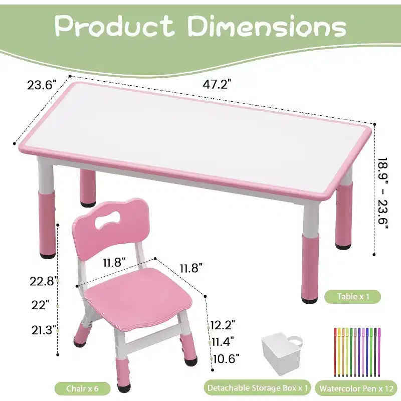 Table et 6 Chaises pour Enfants - Table d'Activités et de Repas à Hauteur Réglable pour Tout-Petits de 3 à 10 Ans, 136 kg