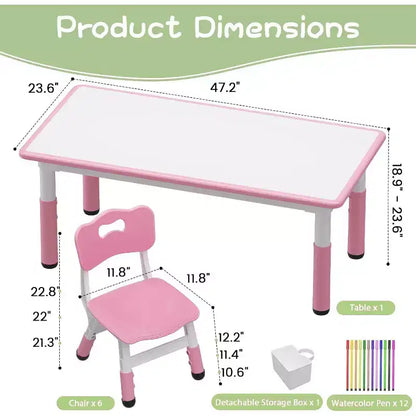 Table et 6 Chaises pour Enfants - Table d'Activités et de Repas à Hauteur Réglable pour Tout-Petits de 3 à 10 Ans, 136 kg
