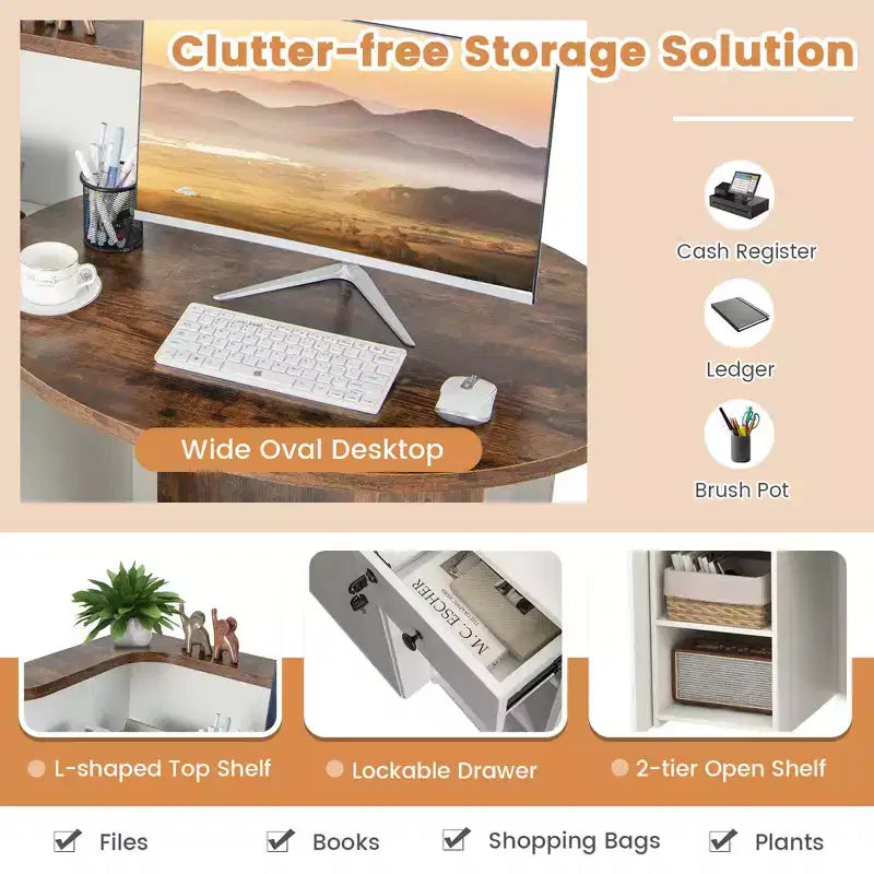 Costway Bancone per Reception, Scrivania da Ufficio con Ripiano Aperto e Cassetto con Serratura, Bianco/Marrone/Nero
