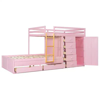 Lit superposé complet Whisen avec 2 grands tiroirs, 5 petits tiroirs et petite armoire