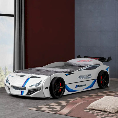 Lit enfant voiture de course double avec lit gigogne, finition brillante, pas besoin de sommier tapissier