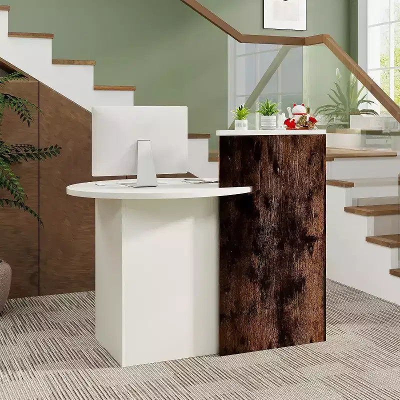 Costway Bancone per Reception, Scrivania da Ufficio con Ripiano Aperto e Cassetto con Serratura, Bianco/Marrone/Nero