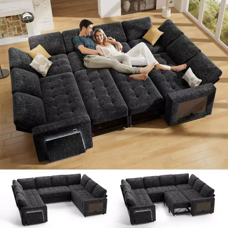 Divano componibile Dyonery a 8 posti a U con letto estraibile/schienale reclinabile/porte USB/tavolo/vano contenitore, montaggio senza attrezzi