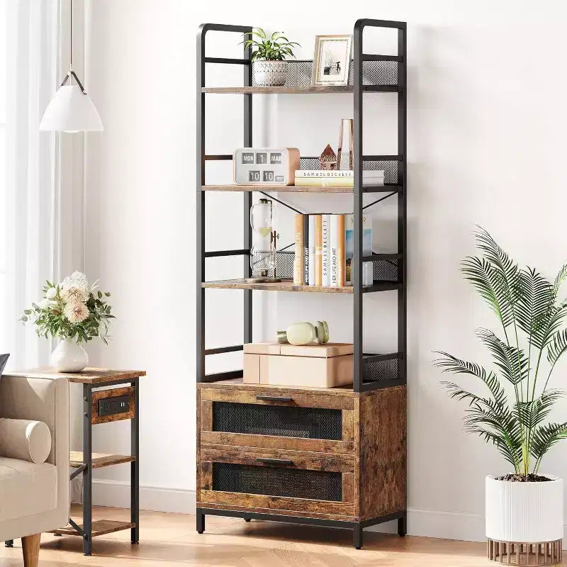 Étagère industrielle de 180 cm avec tiroirs, Bibliothèque rustique à 4 niveaux pour salon, chambre, bureau, marron