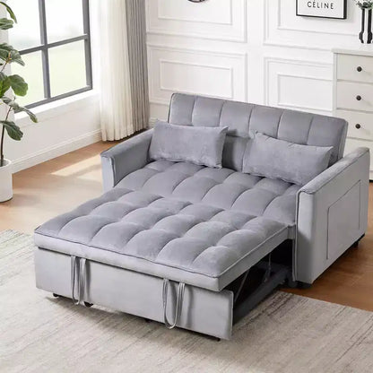 Canapé-Lit Convertible 3 en 1 en Velours Gris Ciment avec Oreillers et Poches, Canapé-Lit Extensible Moderne, Dossier Réglable