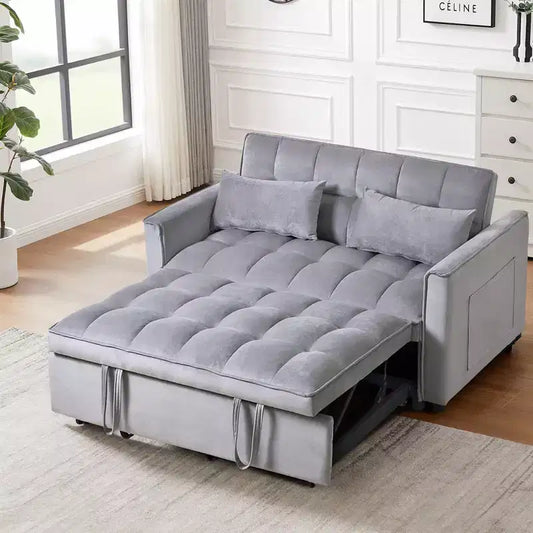 Divano letto matrimoniale convertibile 3 in 1 in velluto grigio cemento con cuscini e tasche, divano letto moderno estraibile, schienale regolabile
