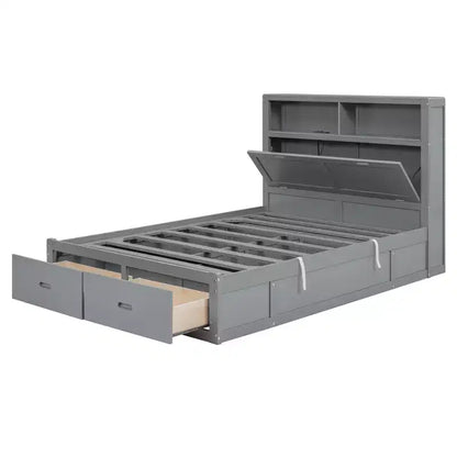 Letto a piattaforma idraulico Full/Queen con contenitore testiera a LED, stazione di ricarica, 2 cassetti e spazio di archiviazione sotto il letto, Bianco/Grigio-ModernLuxe