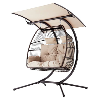 Dondolo a due posti da esterno con supporto, sedia sospesa pieghevole, cuscino per amaca e tendalino, doppia sedia a uovo - Beige