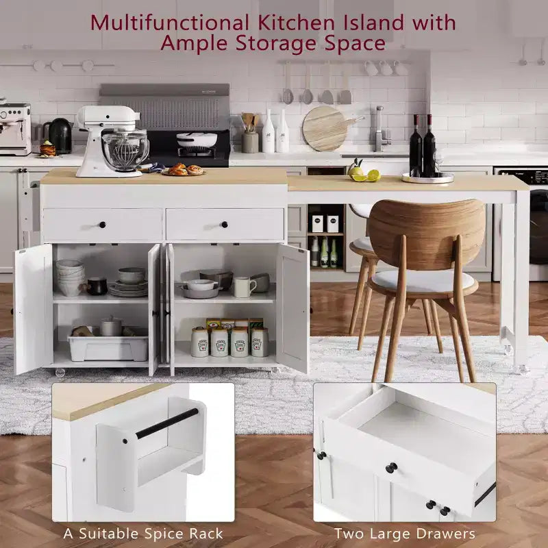 Isola da Cucina da 189 cm con Tavolo da Pranzo Estensibile, Carrello con 4 Armadietti, 2 Cassetti, Porta Spezie, Ripiani Regolabili