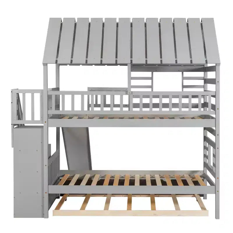 Letto a Castello Whisen Twin over Twin con Letto Estraibile e Scivolo, Scala Contenitore, Design Tetto e Finestra