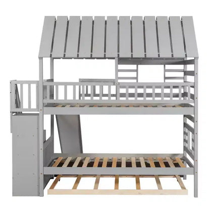Letto a Castello Whisen Twin over Twin con Letto Estraibile e Scivolo, Scala Contenitore, Design Tetto e Finestra