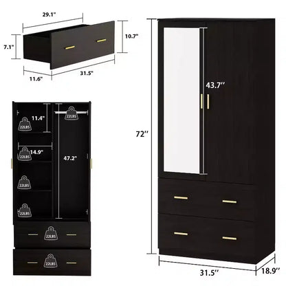 Hitow Armoire de rangement double tiroir avec portes miroir et zones de rangement
