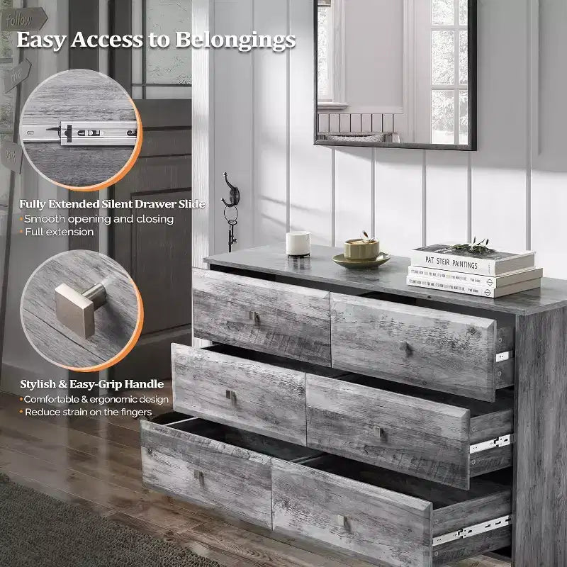 VINGLI Comò grigio lavato, Comò a 6 cassetti, Comò lungo 136 cm con frontale cassetto testurizzato, Cassettiera in legno grigio