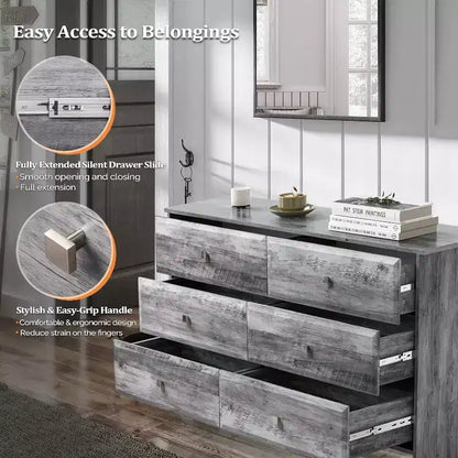 VINGLI Comò grigio lavato, Comò a 6 cassetti, Comò lungo 136 cm con frontale cassetto testurizzato, Cassettiera in legno grigio