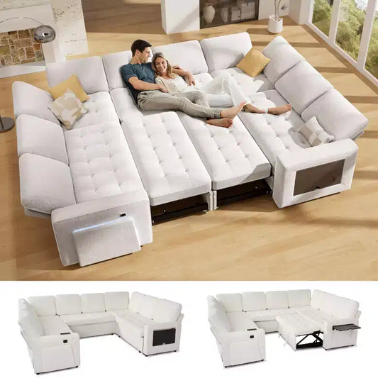 Divano componibile Dyonery a 8 posti a U con letto estraibile/schienale reclinabile/porte USB/tavolo/vano contenitore, montaggio senza attrezzi
