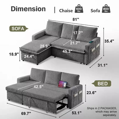 Dyonery Divano Letto Angolare 81, Divano Estraibile a L con Chaise Longue Reversibile con Contenitore, USB, Schienale Reclinabile
