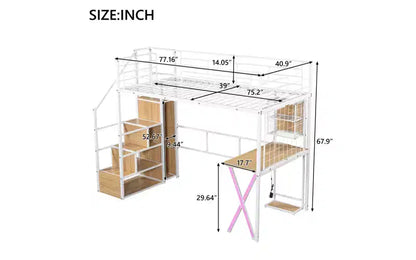 Lit mezzanine en métal Whisen 94''L x 40.9''W avec poste de travail intégré, armoire, escalier de rangement et LED, sécurité garantie
