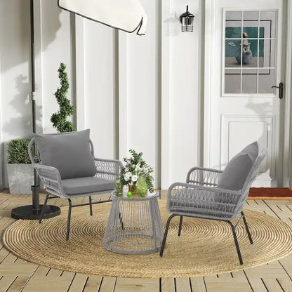 Set da Bistrot da Esterno in Rattan da 3 Pezzi, Set di Mobili da Giardino con Tavolo in Vetro e 2 Ampie Poltrone, Cuscini Inclusi