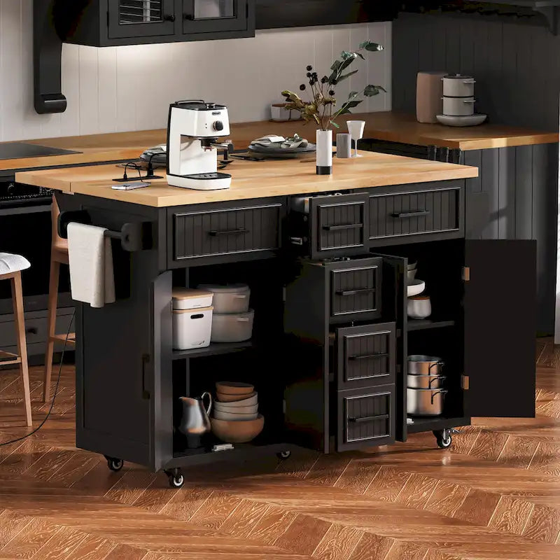 Isola per Cucina da 56,5 Pollici con Piano Ribaltabile e Stazione di Ricarica, Carrello da Cucina su Ruote con Cassetti e Ripiani Regolabili