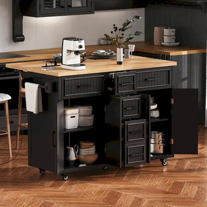 Isola per Cucina da 56,5 Pollici con Piano Ribaltabile e Stazione di Ricarica, Carrello da Cucina su Ruote con Cassetti e Ripiani Regolabili