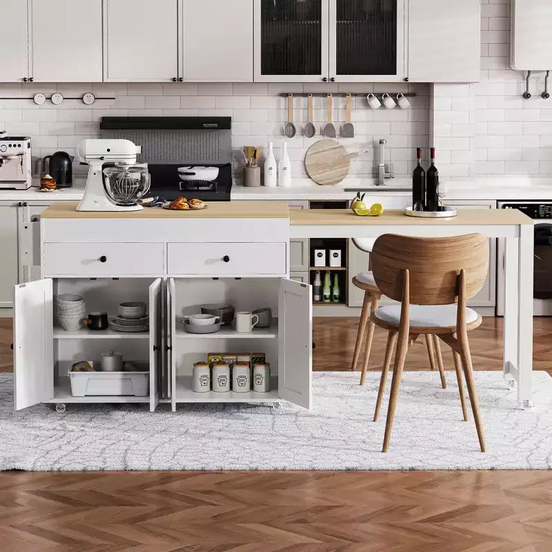Isola da Cucina da 189 cm con Tavolo da Pranzo Estensibile, Carrello con 4 Armadietti, 2 Cassetti, Porta Spezie, Ripiani Regolabili