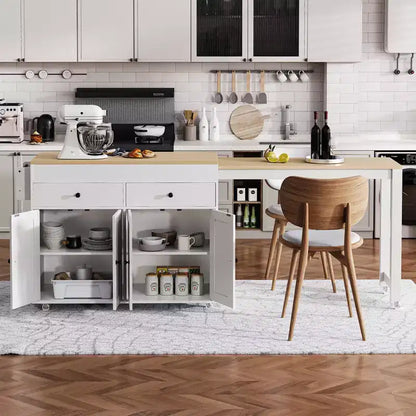 Isola da Cucina da 189 cm con Tavolo da Pranzo Estensibile, Carrello con 4 Armadietti, 2 Cassetti, Porta Spezie, Ripiani Regolabili