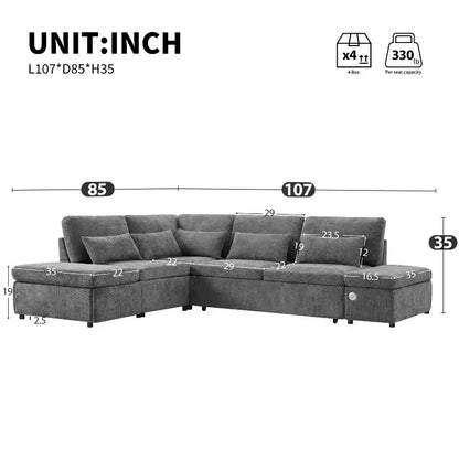 Canapé-lit modulaire sectionnel Whisen 270 - 6 places en forme de L avec pouf de rangement, canapé en chenille, personnalisable pour salon et appartement