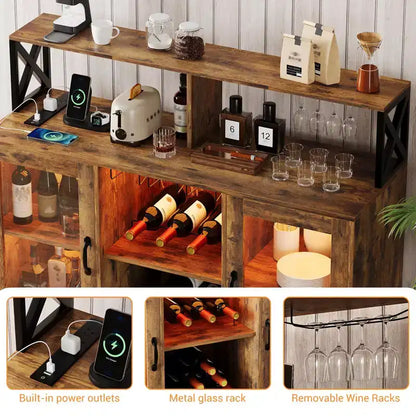 Mobile Bar per la Casa, Mobile Bar con Prese di Corrente, Porta Bicchieri, Mobile Vino con Vani Portaoggetti, Mobile Vino con Ripiani per Cucina e Casa