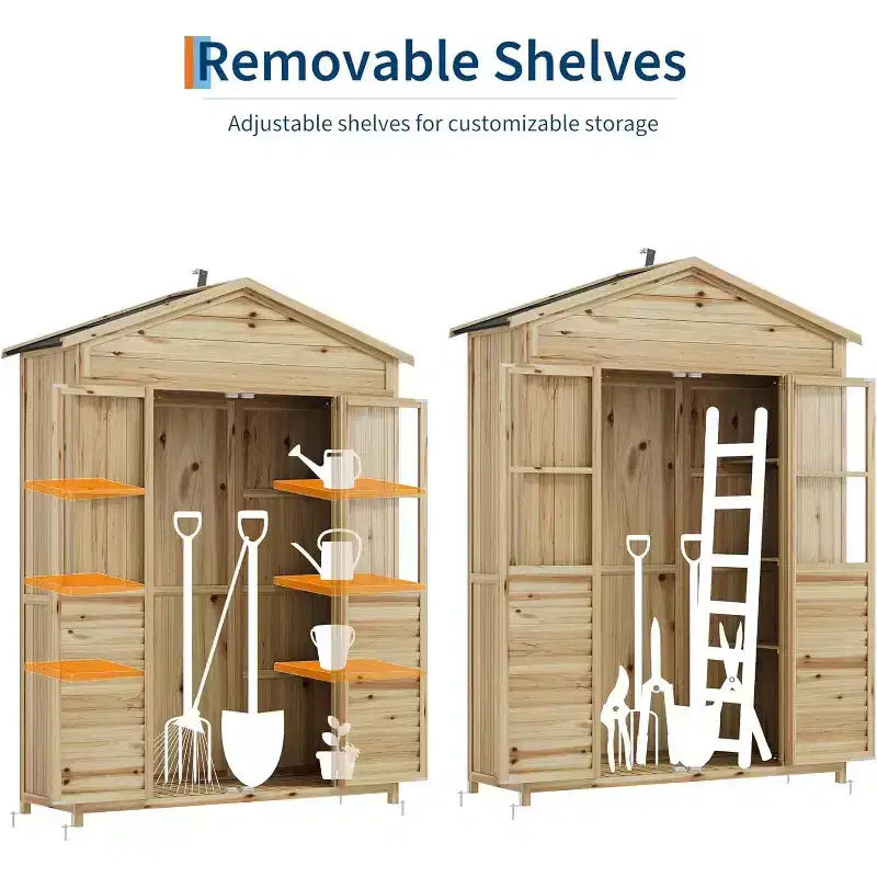 Mobile da Patio in Legno Resistente alle Intemperie Abete con Tetto Impermeabile, 6 Ripiani Regolabili, Pali di Fissaggio e Kit Anti-Caduta Ideale per Attrezzi da Giardino