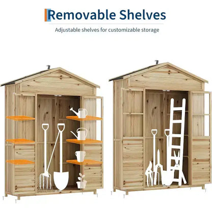Mobile da Patio in Legno Resistente alle Intemperie Abete con Tetto Impermeabile, 6 Ripiani Regolabili, Pali di Fissaggio e Kit Anti-Caduta Ideale per Attrezzi da Giardino