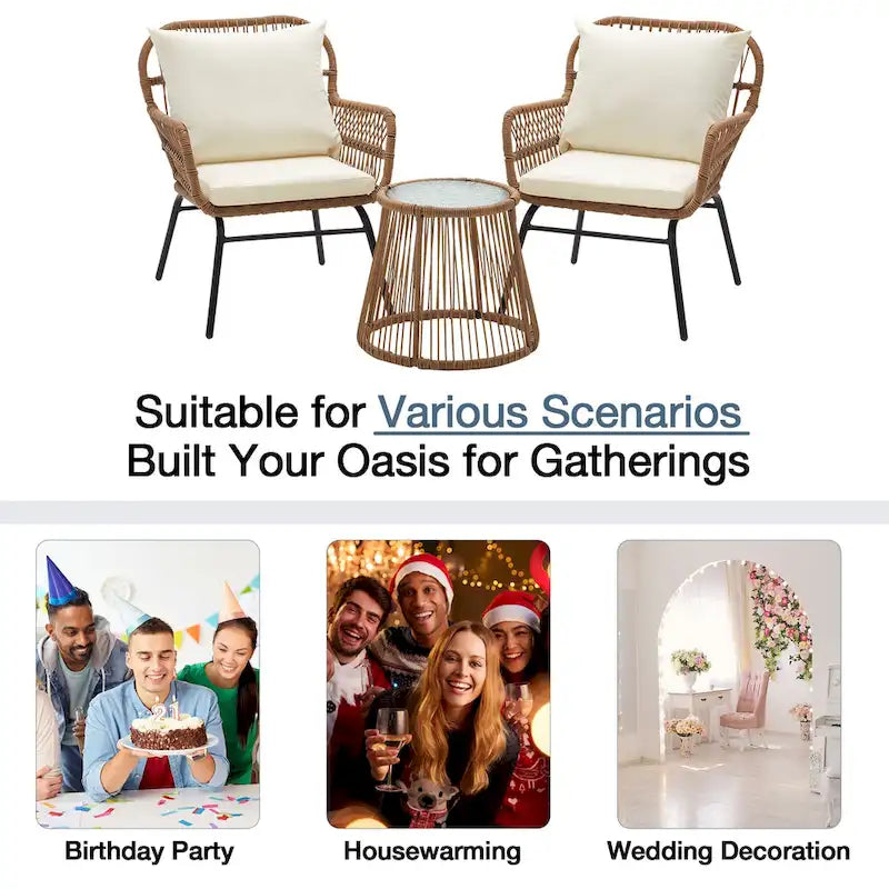 Set da Bistrot da Esterno in Rattan da 3 Pezzi, Set di Mobili da Giardino con Tavolo in Vetro e 2 Ampie Poltrone, Cuscini Inclusi