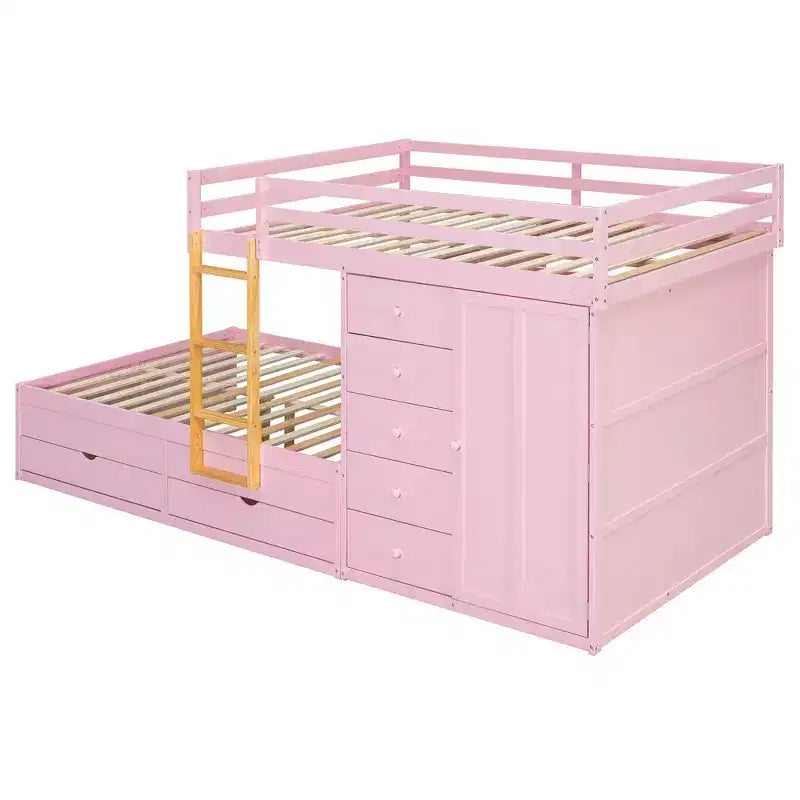 Lit superposé complet Whisen avec 2 grands tiroirs, 5 petits tiroirs et petite armoire