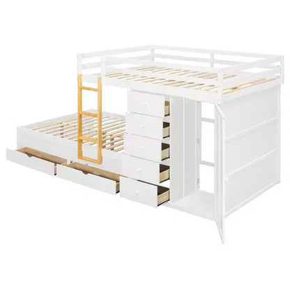 Lit superposé complet Whisen avec 2 grands tiroirs, 5 petits tiroirs et petite armoire
