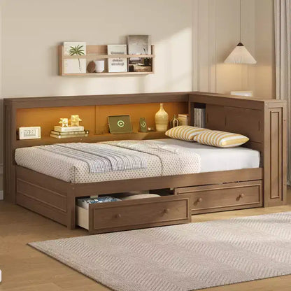 Letto angolare a grandezza naturale con cassetti portaoggetti, libreria, struttura letto a giorno in legno a forma di L con testiera a libreria per soggiorno