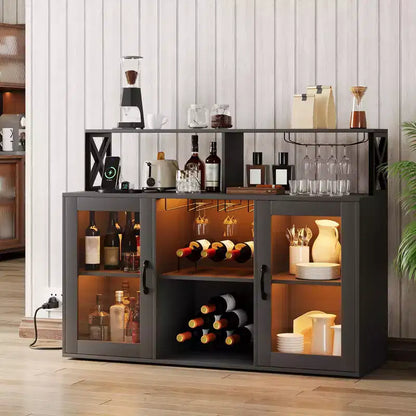 Mobile Bar per la Casa, Mobile Bar con Prese di Corrente, Porta Bicchieri, Mobile Vino con Vani Portaoggetti, Mobile Vino con Ripiani per Cucina e Casa