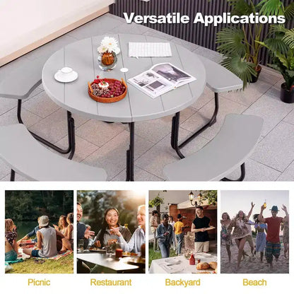 Costway Set Tavolo da Picnic Rotondo da Esterno a 8 Posti con 4 Panche e Foro per Ombrellone Nero/Grigio/Verde/Bianco