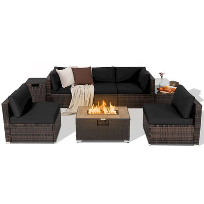 Set di mobili da giardino in rattan da 8 pezzi con braciere, supporto per bombole e copertura