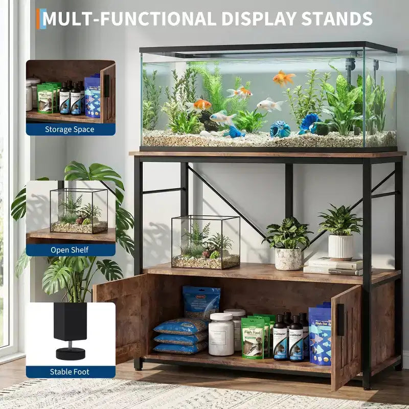 Supporto per acquario resistente per vasche da 150-190 litri, mobile in metallo e legno, capacità 300 kg, porta accessori per pesci, organizer elegante per la casa