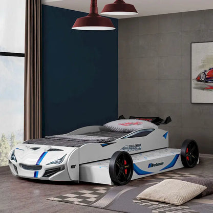 Lit enfant voiture de course double avec lit gigogne, finition brillante, pas besoin de sommier tapissier