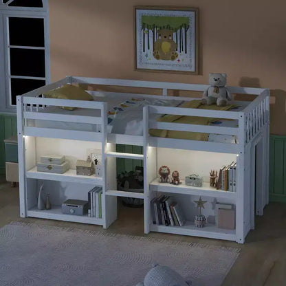 Whisen Letto a soppalco basso per bambini, dimensioni letto singolo, 79,8''L * 43,9''W, con due ripiani e luci LED
