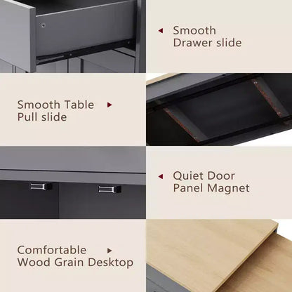 Isola da Cucina da 189 cm con Tavolo da Pranzo Estensibile, Carrello con 4 Armadietti, 2 Cassetti, Porta Spezie, Ripiani Regolabili