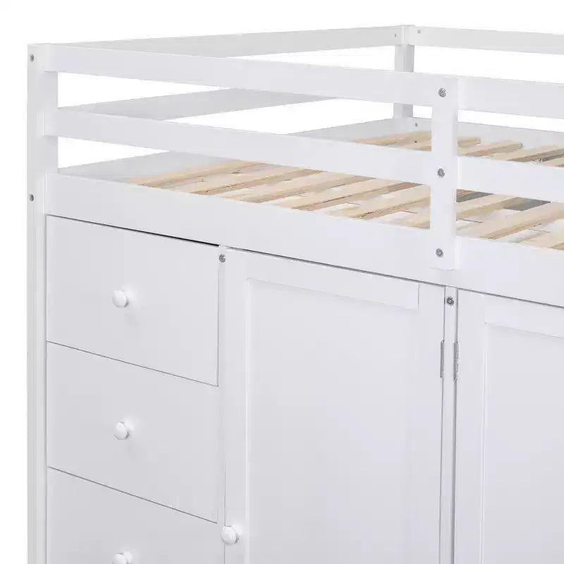 Letto a soppalco intero in pile orsetto con mensola portaoggetti e cassetti, letto a soppalco alto in legno con scrivania versatile per camera da letto