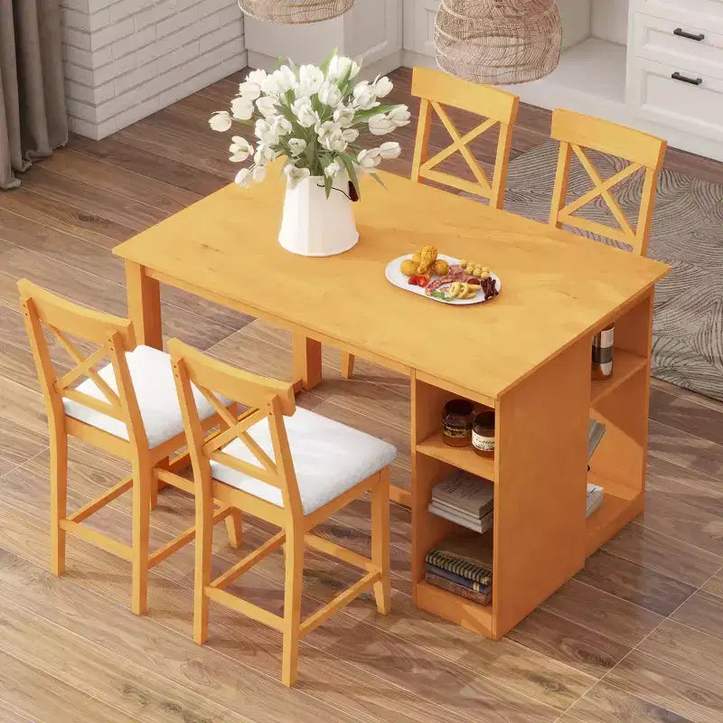 Set da pranzo a 5 pezzi in stile rustico ad altezza bancone per 4 persone, set da tavolo da bar in legno con ripiani e 4 sedie imbottite