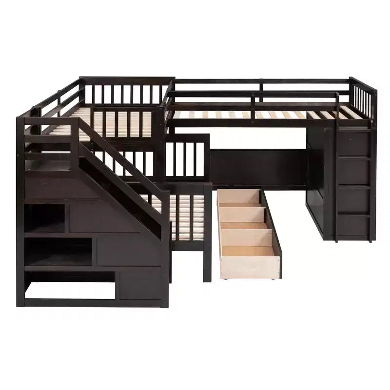 Lit superposé en L Whisen Modern Design (jumeau sur grand) avec 3 tiroirs, bureau portable et armoire