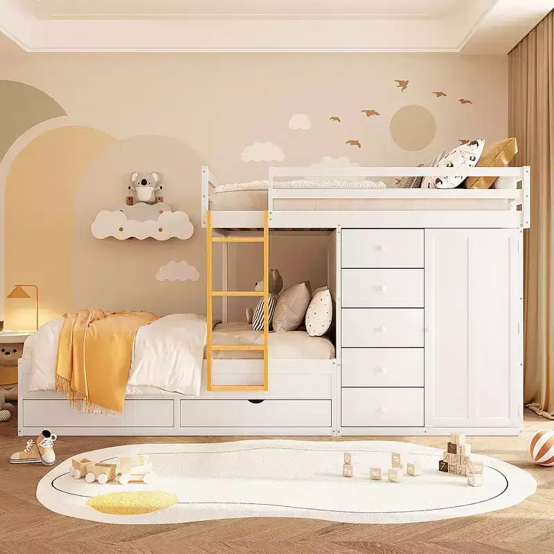 Lit superposé complet Whisen avec 2 grands tiroirs, 5 petits tiroirs et petite armoire